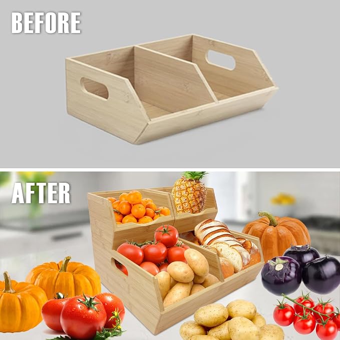 MinBoo Bamboo Stackable Pantry Storage Bins Potato and Onion Storage,Fruit Basket for Pantry Organization,Fruit Bowl for Kitchen Counter,Fruit and Vegetable Storage (Bamboo) - Image 6