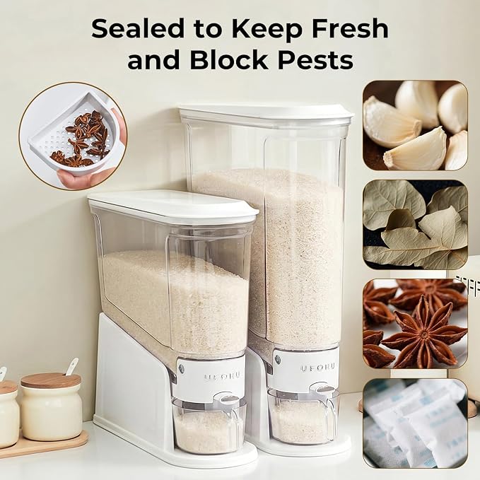 UFORU Slim Rice Dispenser 11 LB,Clear Rice Storage for Small Spaces | White,BPA-Free Sealed Design for Rice, Grain and Cereal,Rice Container Fits Narrow Pantry Shelves and Countertops - Image 4