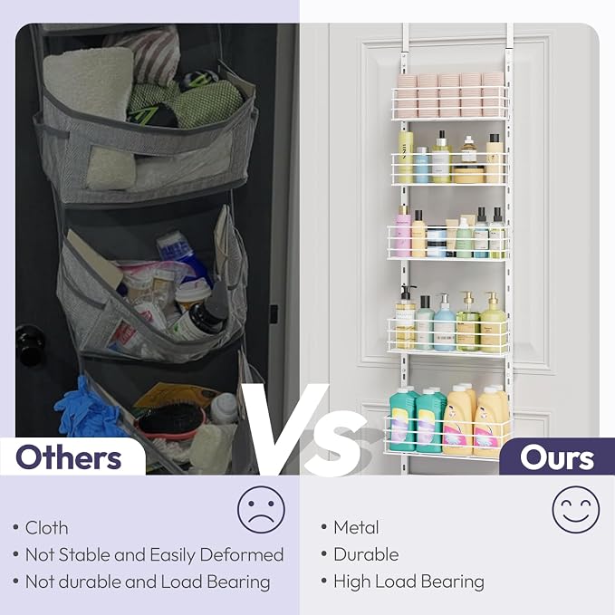 SWTYMIKI Over The Door Organizer - Door Organizer Hanging with 6 Adjustable Metal Large Capacity Basket, Wall Mounted Shelf for Bedroom Closet Bathroom Laundry Pantry Cabinet Kitchen(White) - Image 5