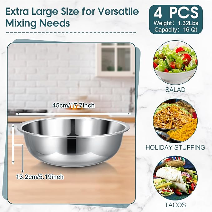 Nuogo 4 Pcs Stainless Steel Mixing Bowls Metal Mixing Bowls Extra Large Basin Salad Basin Deeper Edge Dishwasher Safe Mirror Finish for Home and Commercial, Silver (18 Inch 16 Qt) - Image 2
