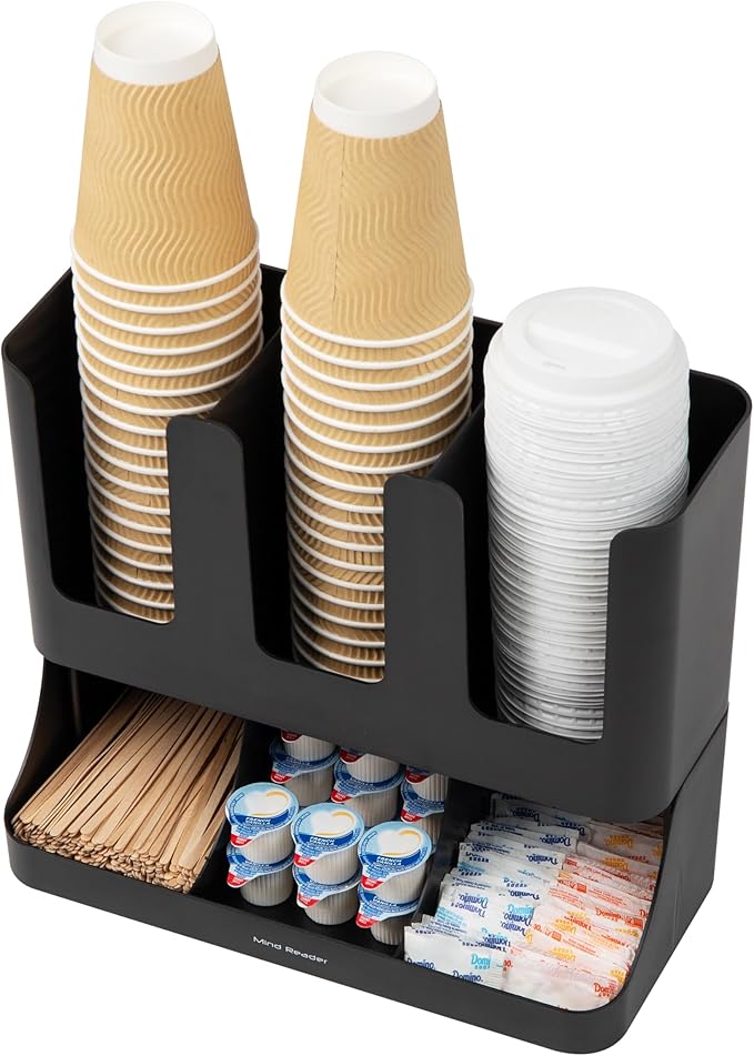 Mind Reader Condiment Station, 13 Inch Countertop Coffee Bar Organizer with 6 Compartments, Storage Caddy for Cups, Lids and Packets, Plastic, Black - Image 5