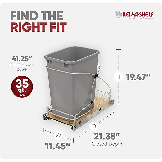 Rev-A-Shelf 35 Qt / 8.75 Gal Steel Bottom Mount Single Pullout Waste Container w/Soft-Close for Base Cabinets, Min Opening Width of 11", Silver, 54WC-1535SC-17-1 - Image 3
