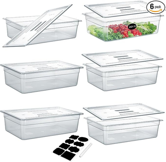 BIEAMA 6 Pack Full Size 6'' Deep NSF Polycarbonate Food Pans with Lids | Stackable clear containers for meal prep, buffet, salad bars, commercial & home kitchen; dishwasher safe and freezer safe by BIEAMA