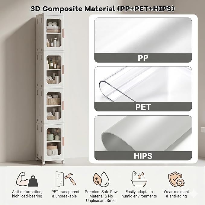 4-Tier Tall Narrow Plastic Storage Cabinet, Foldable | Rolling Organizer with Lid,4Doors,Stackable,4Adjustable Shelves,Durable PP,Freestanding Bathroom Cabinet for Small Slim Space - Image 7