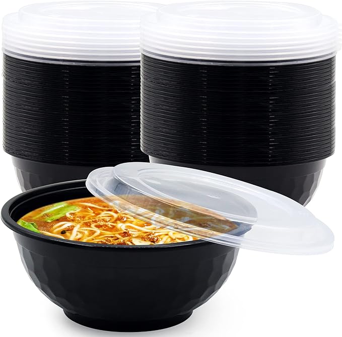 150 Pcs Stackable Meal Prep Bowl Containers, Food Takeout Bowls Reusable,Black Disposable Meal Prep Bowls With Lids. (48oz-Black) by POPMISOLER