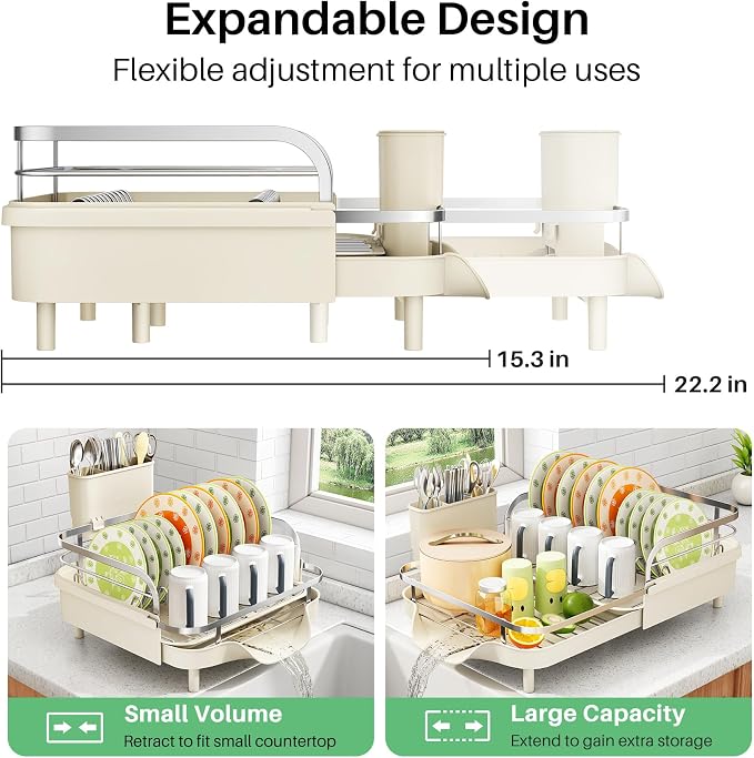SAYZH Expandable Dish Drying Rack for Small Kitchen Counter, Beige | Stainless Steel, Protective Guardrail, Angled Drainboard, Fits High-Rim Sinks, Removable Utensil Holder - Image 2