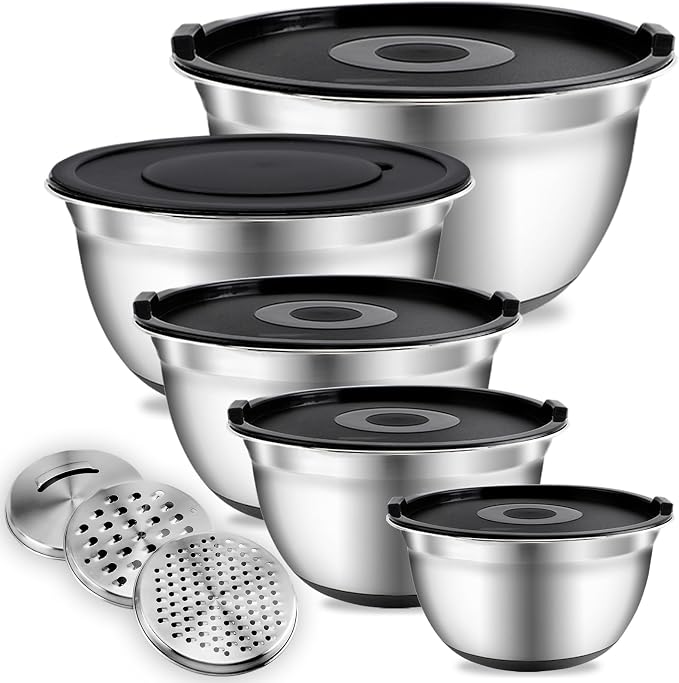 COOK WITH COLOR Stainless Steel Mixing Bowls Set with Lids - Nesting Bowls with Non-Slip Bottom, Silver, 14 Pieces by CookwithColor