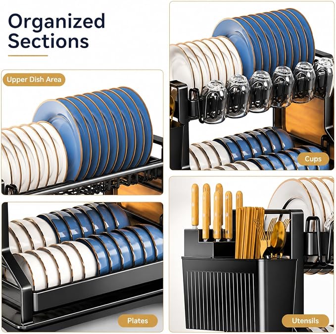 Fandian Black Dish Drying Rack 2 Tier Dish Racks for Kitchen Counter and Sink, Large Dish Drying Rack with Drainboard & Utensil Holders Stainless Steel Dish Drainers Kitchen Organization and Storage - Image 9