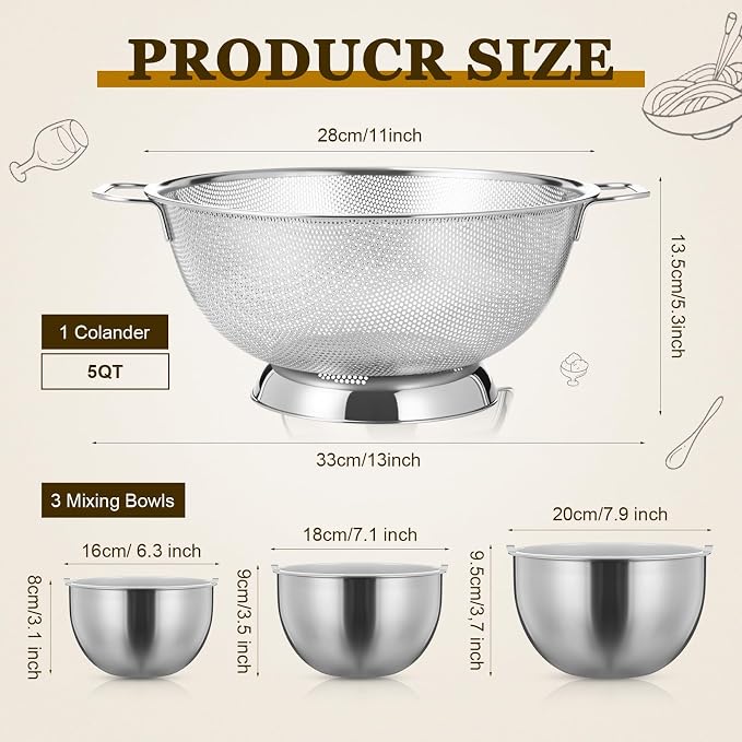 Geetery 7 Pcs Stainless Steel Kitchen Accessories Set 3 Nesting Mixing Bowls with Lid(1.5/3/5qt), 1 Colander with Handle(5qt), 3 Fine Mesh Strainers(8/14/20cm) for Cooking, Baking, Prepping, Draining - Image 2