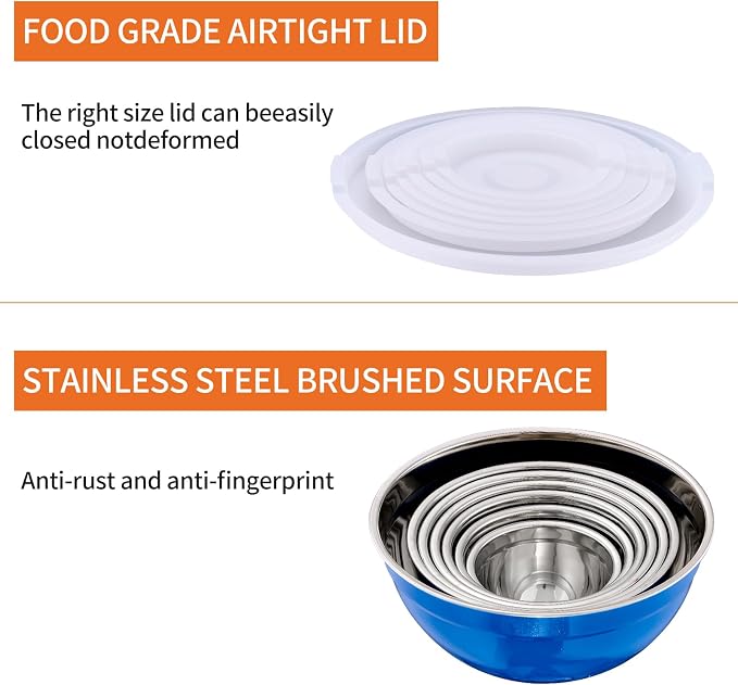 Blue Mixing Bowls With Airtight Lids,Stainless Steel Bowl,Salad Bowls 7 Piece Colorful Nesting Bowl Blue Kitchen Accessories,Size 7,3.6,2.7,2.1,1.5,1.1,0.8QT Stackable Design - Image 4