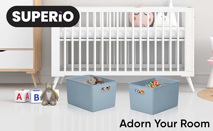 Superio Ribbed Collection - Decorative Plastic Basket Open Home Storage Bins Organizer, Blue (Set of 3) 1 X-Large, 1 Large, 1 Medium - Container Boxes for Organizing Closet Storage Bins for Shelves - Image 7
