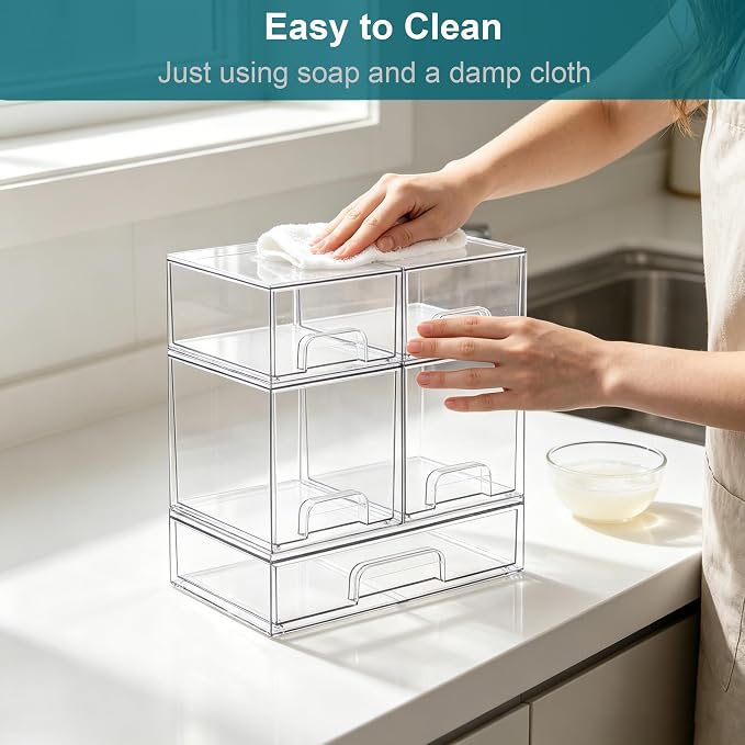 Baby Bottle Organizer for Countertop Food-grade Acrylic Storage for Cabinet | Set of 5 Clear Stackable Organizers with Drawers for Bottles, Plastic Baby Station Organization for Pacifiers, Pump Parts - Image 5