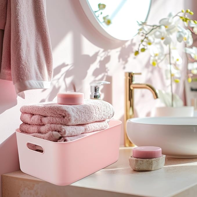 8 Pieces Colorful Storage Bins with Lid, Plastic Storage Basket Organizing Container Stackable Box with Handle for Shelves Desktop Playroom Office(13.8 x 9.8 x 5.9 Inch,White and Pink) - Image 6