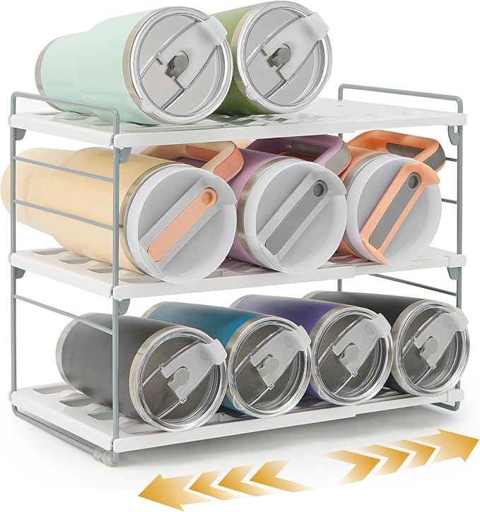 Cirhy 12" Tall 3-Tier Expandable Water Bottle Organizer – Fits 20-40 oz Stanley, Owala, Yeti Tumblers, Shaker Cups & Travel Mugs – Adjustable Storage Rack for Cabinet, Kitchen & Pantry Organization | Adjustable 12" Tall Bottle Rack, Fits 20-40 oz Tumbl... by Cirhy