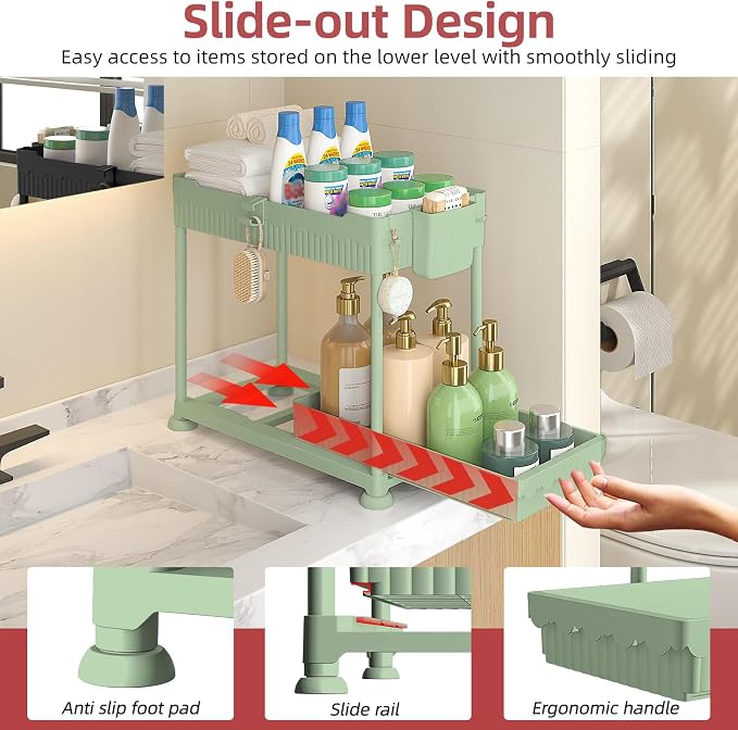 4-Pack 2-Tier Under Sink Organizer with Pull Out Drawers | Multi-use kitchen & bathroom storage. Includes hanging hooks and cups. Green, space-saving cabinet design. 14.8 Inch - Image 3