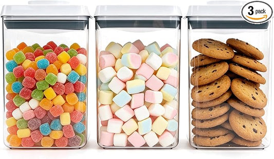 Pop Push Button Airtight Food Storage Containers 3 Pack (1.8Qt) | BPA-Free Stackable Rectangular Canisters for Coffee Beans, Snacks, Cereal, Grains, Dry Food by MiraFureBrand