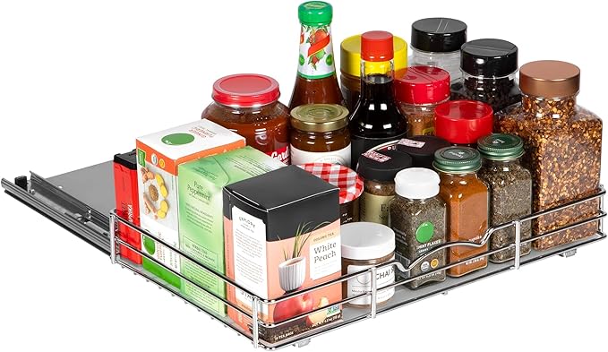 Pull-Out Cabinet Spice Rack Organizer, 16 ⅜"W x 10 ⅜"D x 2 ¾"H | Slim Slide-Out Storage for Spices, Bottles & Jars, Premium Heavy-Duty Steel, Easy Install for Narrow Kitchen Cabinets, Chrome by HOLDN%E2%80%99STORAGE