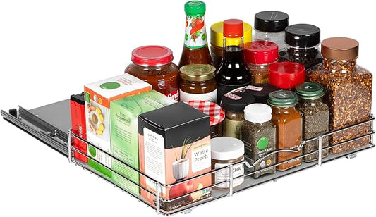 Pull-Out Cabinet Spice Rack Organizer, 16 ⅜"W x 10 ⅜"D x 2 ¾"H | Slim Slide-Out Storage for Spices, Bottles & Jars, Premium Heavy-Duty Steel, Easy Install for Narrow Kitchen Cabinets, Chrome by HOLDN%E2%80%99STORAGE