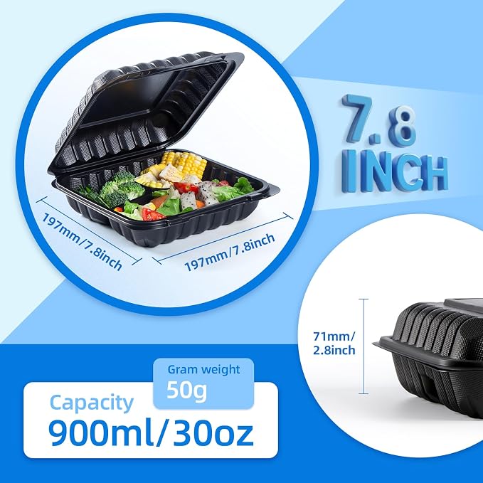YANGRUI 65-Pack 30oz Black Takeout Containers - Shrink Wrapped No Pre-Wash | 3-Compartment Heavy Duty Mineral Filled PP, Microwave & Freezer Safe | Leak-Resistant Clamshell for Leftovers & Meal Prep - Image 3