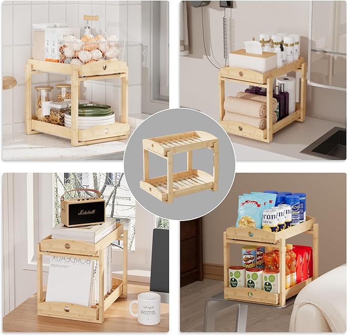 2 Pack Bamboo Under Sink Organizer, 2-Tier Sliding Drawers for Cabinets | Pull-out drawers keep cleaners and tall bottles visible, organized and easy to reach in kitchen or bathroom cabinets - Image 6