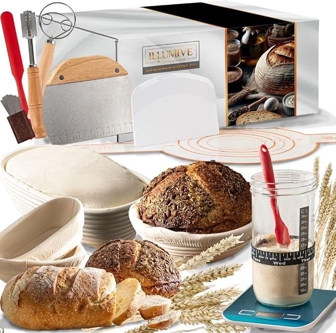 Sourdough starter kit, Inclusive sourdough bread baking supplies. Sourdough Starter Jar, banneton bread proofing basket, dough whisk,Includes all bread making tools. by Illumive