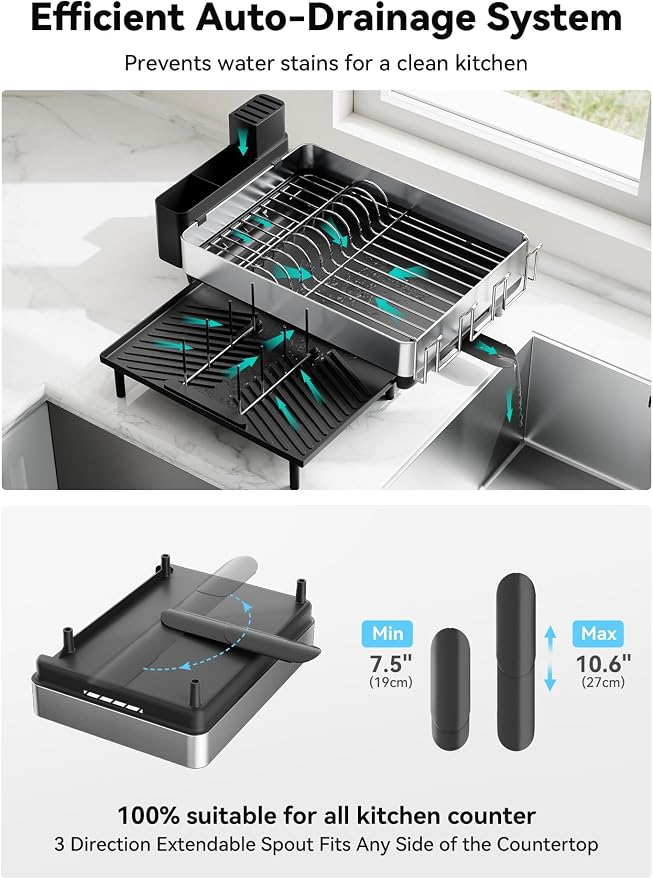 Large Dish Drying Rack, Expandable Dish Racks for Kitchen Counter, Space Saving 304 Stainless Steel Drying Rack Kitchen, Extra Large Drainer with Multifunctional Flip Up Pegs, Black - Image 6