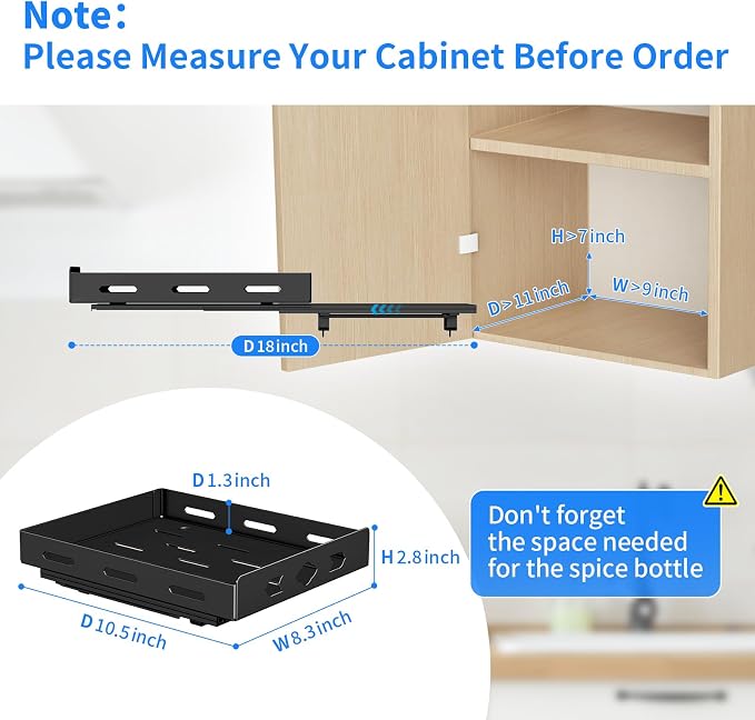 BOIVSHI Pull Out Spice Rack for Cabinet, 1 Tier, 8.4''Wx10.5''Dx2.8''H | Heavy Duty Metal Spice Rack Organizer for Pantry, Vertical Design Saves Space Inside the Cabinets, Black - Image 5