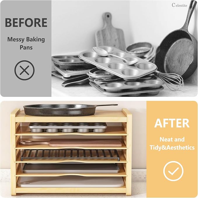 celestite Wooden Tray Dividers for Cabinets, Cookie Sheet Organizer for Cabinet, Baking Sheet Pan Organizer for Kitchen Organizers and Storage (6 Tier 12.4" Wx14.1 Hx16.7 D) - Image 4