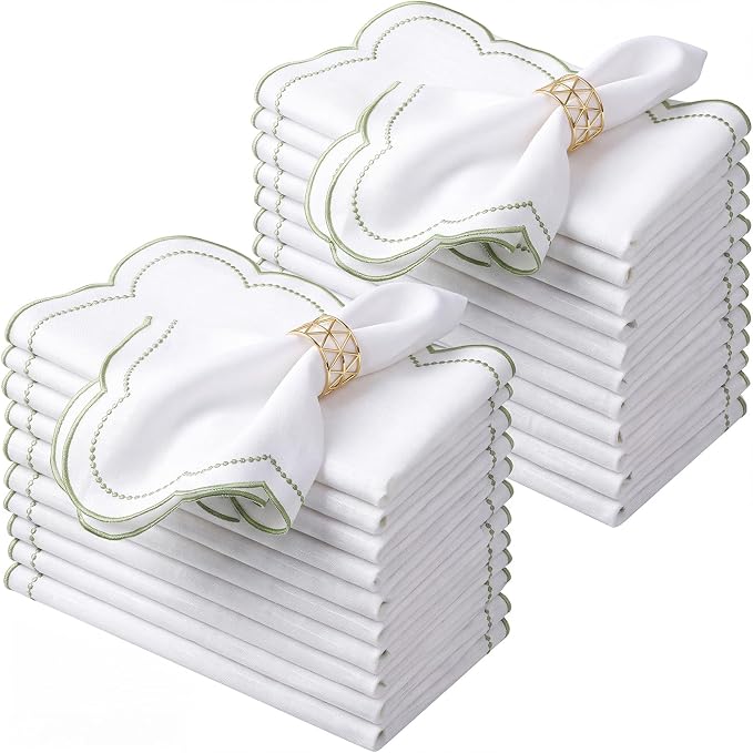 Hahafelt Cloth Napkins 18x18inches Scalloped Embroidery Cloth Napkins Washable Polyester Table Dinner for Hotel Restaurant Weddings Events Parties(Sage Green,24 Set) by Hahafelt