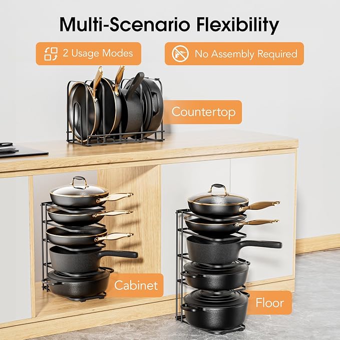 5-Tier Pot and Pan Organizer 13.6", No Assembly Cookware Rack 2-Pack | One-piece Design, Multi-height Layered,Anti-Tip Structure, Dual Vertical & Horizontal Use, Fits Cast Iron Pans & Dutch Ovens - Image 3