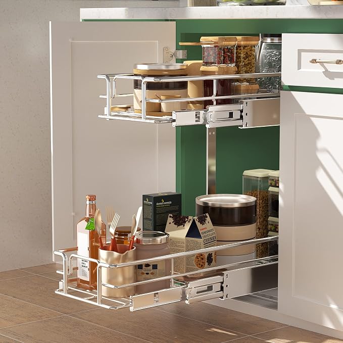 LOVMOR 2 Tier Individual Pull Out Cabinet Organizer 7.5" W x 21.5" D, Slide Out Kitchen Cabinet Storage Sliding Shelves - Image 2