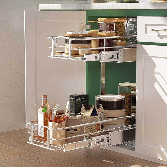 LOVMOR 2 Tier Individual Pull Out Cabinet Organizer 9" W x 21½" D, Slide Out Kitchen Cabinet Storage Sliding Shelves - Image 2