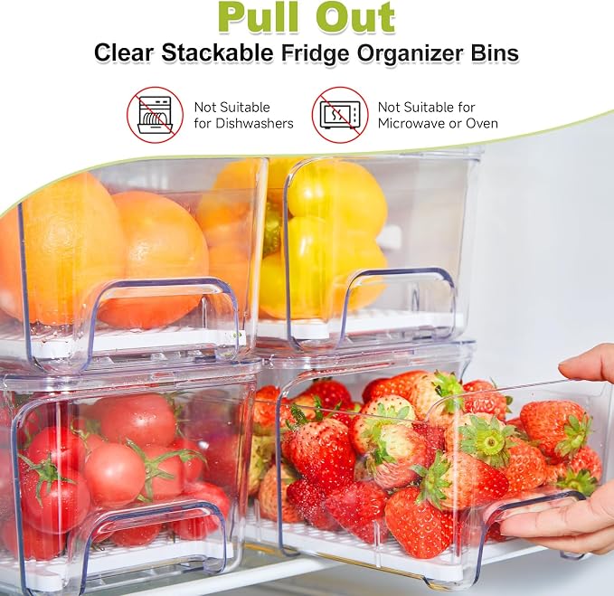4-Pack Refrigerator Drawer Organizer Bins, Clear Stackable Pull Out Fridge Organizers and Storage Container, with Strainer Layer for Fruits, Vegetables, Drinks, Snack and Food - Image 3