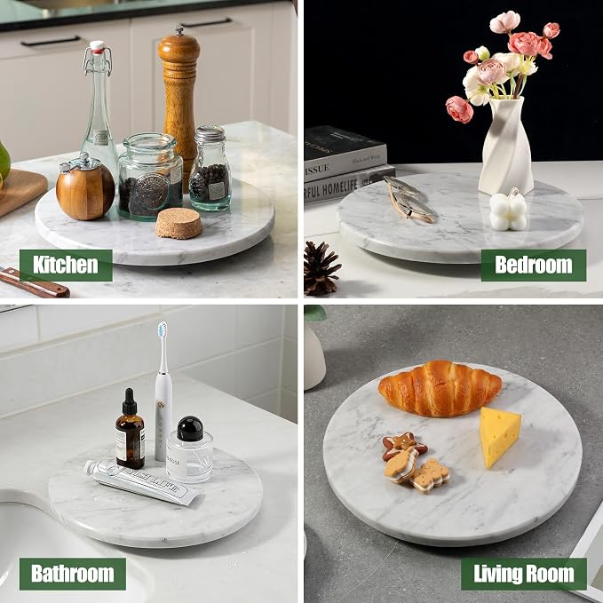 12" Marble Lazy Susan Turntable - 100% Natural Stone Round Serving Tray with Silent Spinning, Revolving Cake Stand & Cheese Board for Kitchen Countertop, Cupcake Table Display, Food, Seasoning (White) - Image 3
