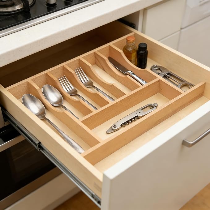 Silverware Drawer Organizer - Trim-to-Fit with Adjustable Dividers for Kitchen Utensil Storage, Beech Wood Frame with 11 Sizes (19.25" W x 22" D) - Image 2