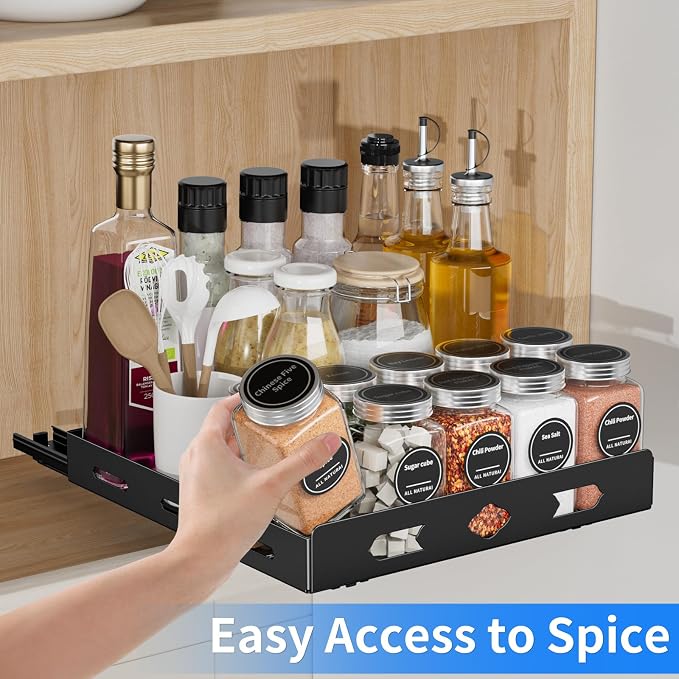 BOIVSHI Pull Out Spice Rack, 10.5''Wx10.5''Dx2.8''H | 1 Tier Spice Racks for Inside Cabinets, Metal Cabinet Spice Organizer for Kirchen, Pantry, Easy to Assemble, Black - Image 7