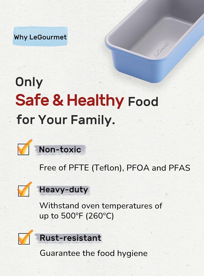LeGourmet Nonstick Bread Loaf Pan 9 X 5 Inch, Ceramic Coating, Non-Toxic, Rust Resistant Aluminized Steel, Perfect 1 lb Baking Dish for Meatloaf, Pound Cake & Brownie (Cyan 2pcs) - Image 4