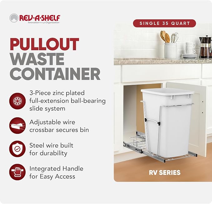 Rev-A-Shelf Single 35 Qt Pullout Trash Can for Base Kitchen Cabinets, Garbage Waste Bin System with Full Extension Slides, Min Opening Width of 11.5", White/Chrome, RV-12KD-11C - Image 2