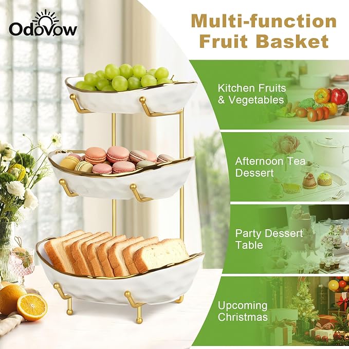 Ceramic Fruit Bowl for Kitchen Counter, Fruit Basket with Metal Stand, Tiered Fruit Rack for Countertop, Modern Serving Bowl for Party Dessert, Vegetable, Snack - Image 8