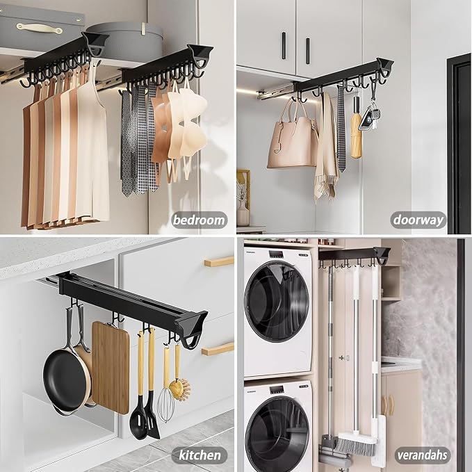 14IN Hanging Pot Rack with 6 Hook for Cabinet Pull Out Pot and Pan organizer Adjustable Pot Racks with Sliding Rail Storage Utility Rack Used for Kitchen/Closet/Cupboard,Load 75LBS - Image 3