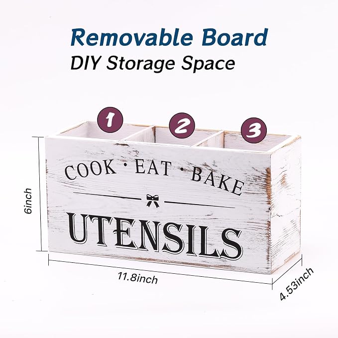 Kitchen Utensil Holder for Counter or Countertop, Extra Large Wood Organizer with 3 Compartments, Wooden Storage for Cooking and Silverware, Rustic Minimalist Decor, Sturdy Utensil Crock-White - Image 5