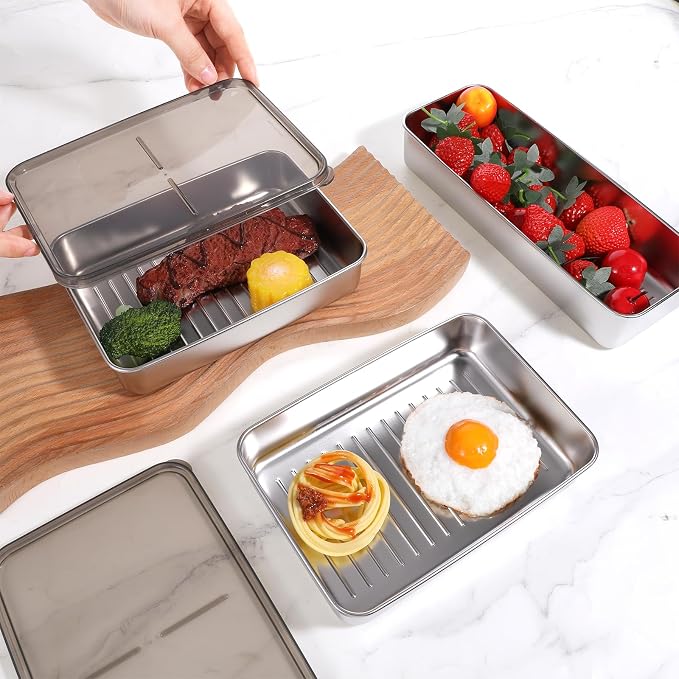 4 Pack Stainless Steel Bacon Cheese Container for Refrigerator Airtight Food Storage Containers Deli Meat Containers with Lids Dishwasher Safe Fridge Organizer Fruit Tray, 2 Sizes - Image 5