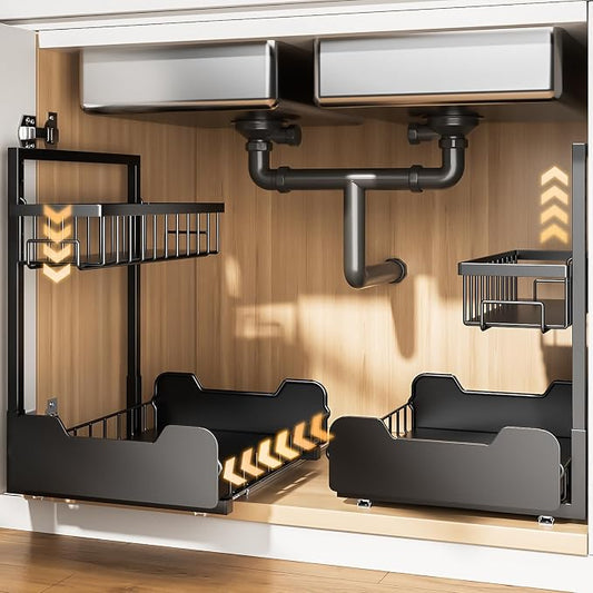Under Sink Organizer, 2-Tier L-Shaped Pull Out Cabinet Shelf with 2 Installation Methods, Adjustable Sliding Storage Drawer for Kitchen, Bathroom, Laundry, Metal, Black, 2-Pack by Unknown