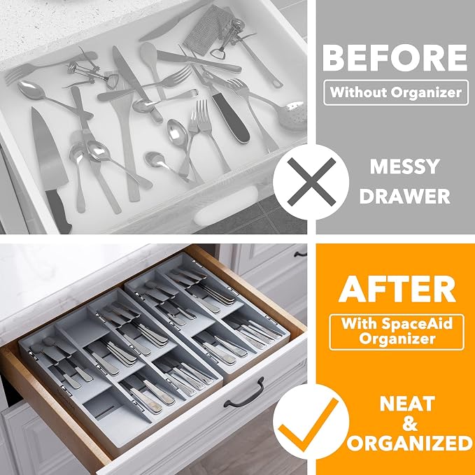 SpaceAid Bamboo Silverware Drawer Organizer with Labels, Kitchen Utensil Tray Holder Organizer for Flatware, Cutlery, Spoon and Knives Drawer Storage Organization (Gray, 6 Slots) - Image 2