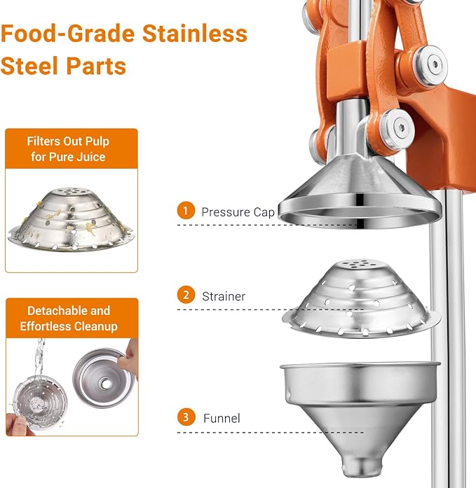 TONGCHANT Cast Iron Manual Juicer for Orange Lemon Lime Pomegranate &Citrus | Heavy Duty Orange Juicer Squeezer, Hand Press Juicer, Citrus Press, Stainless Steel Cup, Easy to Clean, Orange - Image 3