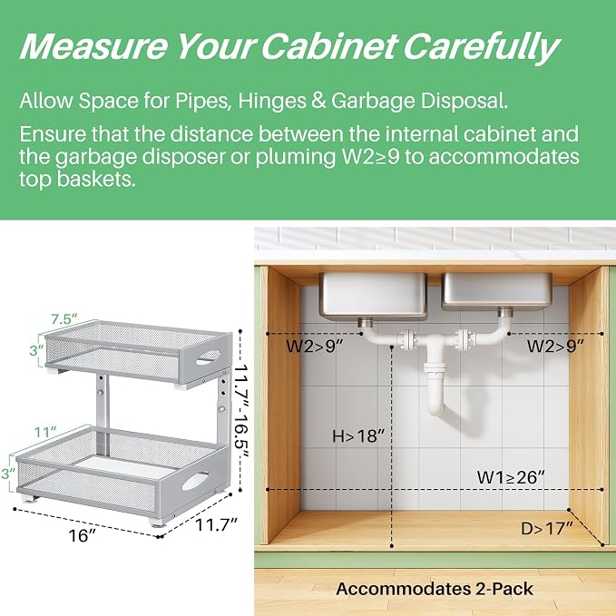 Under Sink Organizer, 2-Pack Pull Out Cabinet Organizer 2 Tier Metal Slide Out Storage Shelf Rack, L-Shaped Adjustable Height,Mesh Sliding Drawer for Kitchen, Bathroom, Laundry, Pantry, Grey, XL - Image 2