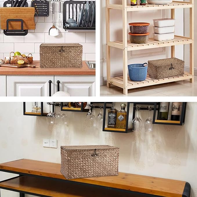 Hipiwe Wicker Shelf Baskets Bin with Lid Large Handwoven Basket Box, Coffee | Natural Seagrass Storage Baskets, Rectangular Household Basket Boxes for Shelf Wardrobe Home Organizer - Image 4