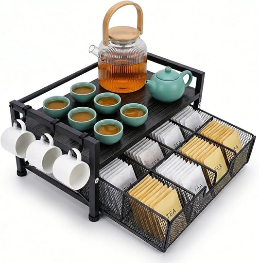 Tea Bag Organizer,Coffee Bar Organizer,Teabag Holder & Coffee Station with Storage Drawer,Wood Tea Station Chest Display Container Box for Countertop Kitchen (Grey) by HOYWOUL