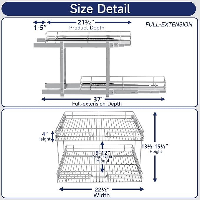 2-Tier Pull Out Cabinet Organizer, 22.5" W x 21.5" D, Heavy Duty Dual Slide Out Shelves for Wide Base Cabinets, Chrome Wire Basket Drawer for Pots, Pans, Pantry & Cleaning Supplies - Image 2
