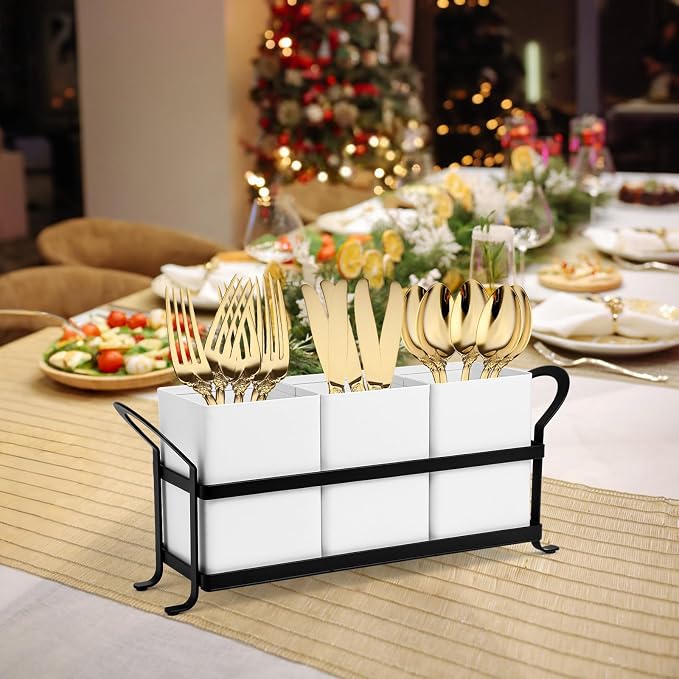 NelyBet Utensil Holder Silverware Caddy for Party Countertop, 3pcs Bins Set Silverware Caddy Organizer Holders for Spoon and Fork, White and Black - Image 5